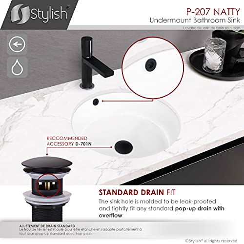 Stylish Round Bathroom Sink 16 x 16 Inch Ceramic Porcelain Undermount Bathroom Sinks Enamel Glaze Finish Smooth and Stain Resistant White Surface with Chrome and Matte Black Overflow, P-207 - style: 16"x16" Chrome & Matte Black Overflows