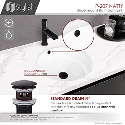 Stylish Round Bathroom Sink 16 x 16 Inch Ceramic Porcelain Undermount Bathroom Sinks Enamel Glaze Finish Smooth and Stain Resistant White Surface with Chrome and Matte Black Overflow, P-207 - style: 16"x16" Chrome & Matte Black Overflows