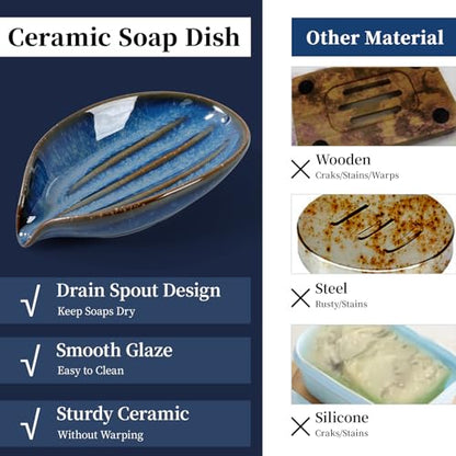 Soap Dish, Self-Draining Soap Holder, Leaf Shape Ceramic Bar Soap Holder Drain Soap Dishes for Bathroom Sink Kitchen, Easy to Clean Keeps Soap Dry, Blue, ANTIS'S HOME - color: Blue-1pcs
