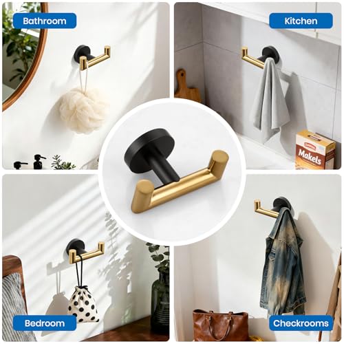 Shower Towel Hook, Wall Mount Robe Hook Holder, Black Gold | Stainless Steel Material, Double Hooks Design, Rust-Resistant, Strong Load-bearing Capacity - color: Black & Gold