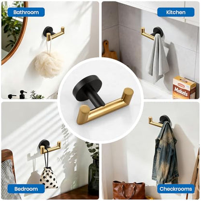 Shower Towel Hook, Wall Mount Robe Hook Holder, Black Gold | Stainless Steel Material, Double Hooks Design, Rust-Resistant, Strong Load-bearing Capacity - color: Black & Gold