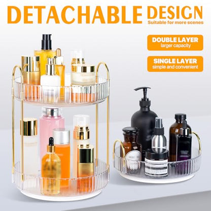 360 Spinning Makeup Organizer, Rotating Bathroom Makeup Holder Rack, Large Capacity Cosmetic Carousel Storage with 2 Tier Perfect for Dresser Bedroom Vanity (Clear)