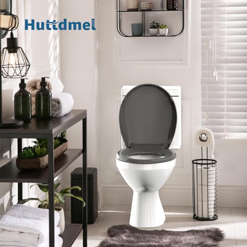 Huttdmel Round Toilet Seat 16.5 Inch, Soft Close, Durable PP Material, Secure Top & Bottom Mount, Never Loosen Hinges, Easy Clean, 2 Years Support, Grey