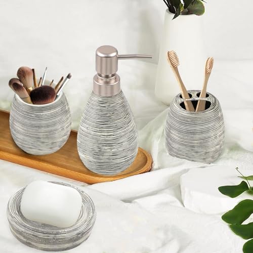CERBIOR Bathroom Accessories Set,4 PCS Ceramic Bath Accessory,Grey | Includes Toothbrush Holder, Toothbrush Cup, Soap Dish for Decorative Countertop and Housewarming Gift - style: Grey