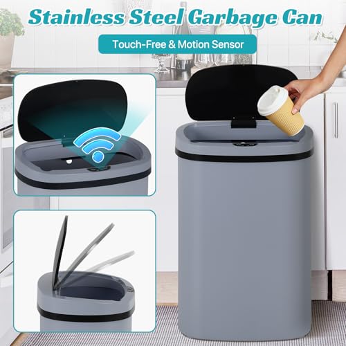 Dkeli 13 Gallon Trash Can Automatic Kitchen Trash Can 50 Liter Touch Free Garbage Can with Lid Brushed Waste Bin for Home Office Bedroom Bathroom, Gray - color: Gray, size: 15 x 10 x 24 inches