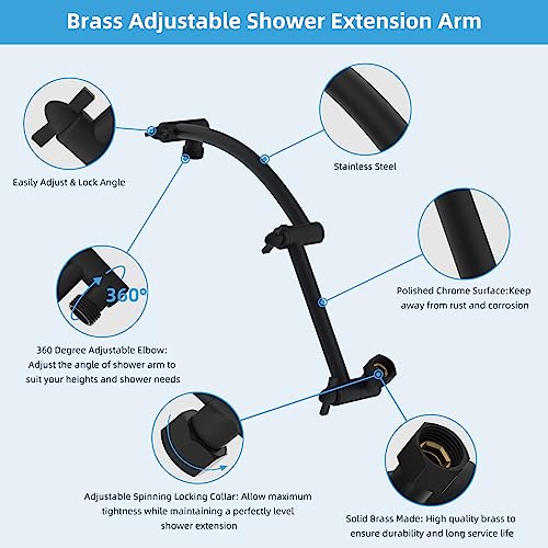 Hibbent All Metal 16'' Shower Head Extension Arm, Matte Black | Solid Brass Adjustable Shower Arm with Lock Joint, Flexible Height & Angle, Universal Connection Shower Head Extender - color: Matte Black, size: 16 Inch