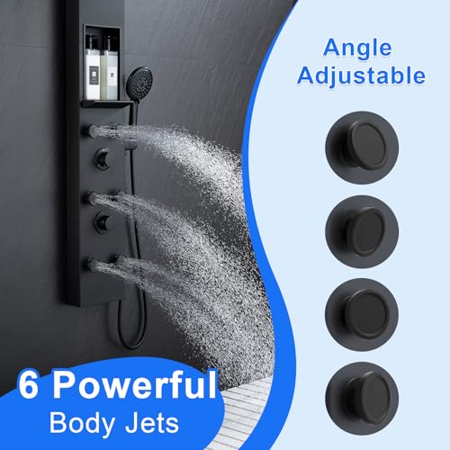 PF Shower Panel Tower Adjustable Shower Arm Height Rainfall Head System | Stainless Steel Shower Panel with Shelf and 6 Body Massage Jets Bathroom Black Shower Column Panels 5-Mode Handheld Shower - color: 6 Jets with Shelf-Black