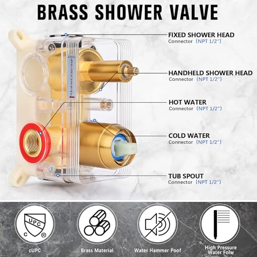 12 Inch Rainfall Shower System with Tub Spout Wall Mounted Complete Combo with Solid Brass Pressure Balancing Valve, High Pressure Shower Head, Handle Set & Installation Accessories - color: Brushed Gold