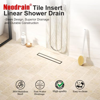 Neodrain 18-Inch Linear Shower Drain-Matte Black,with Tile Insert Grate | 304 Stainless Steel, Fast Drainage, Rectangle Shower Floor Drain with Leveling Feet & Hair Strainer, Fits Bathroom, Balcony - color: Matte Black, size: 18 IN