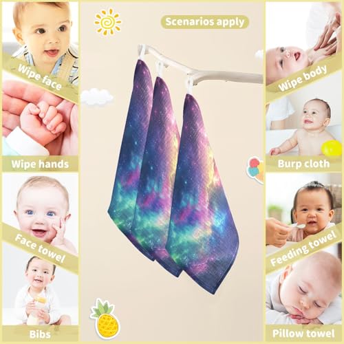 YETTASBIN Galaxy Muslin Baby Hand Washcloths, Soft Cotton Bath Face Towel, 4 Layers Extra Absorbent Feeding Burp Cloth for Newborn Infant, 5 Pack - size: 12 Inch x 5 Pack