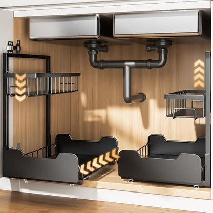 PureBox Under Sink Organizer, 2-Tier L-Shaped Pull Out Cabinet Shelf with 2 Installation Methods, Adjustable Sliding Storage Drawer for Kitchen, Bathroom, Laundry, Metal, Black, 2-Pack - size: 2 Pack