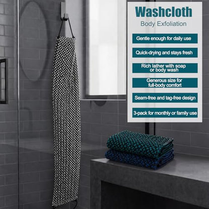Chumia 3 Pcs Dual-Textured Exfoliating Washcloth Towel 35.4'' Body Back Scrubber with Handle Japanese Exfoliating Shower Towel Exfoliator Exfoliate Loofah Luffa Sponge for Women Men Bath, Colorful - color: Charcoal Green, Blue, Black