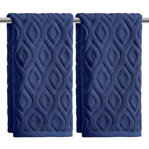 Artoid Mode 2 Pcs Navy Blue 3D Diamond Grid Jacquard Hand Towels for Bathroom, 100% Cotton Soft Absorbent Bathroom Decor Towels, 13.7 x 29.5 Inch - color: Navy Blue, size: 13.7" x 29.5", 2PCS
