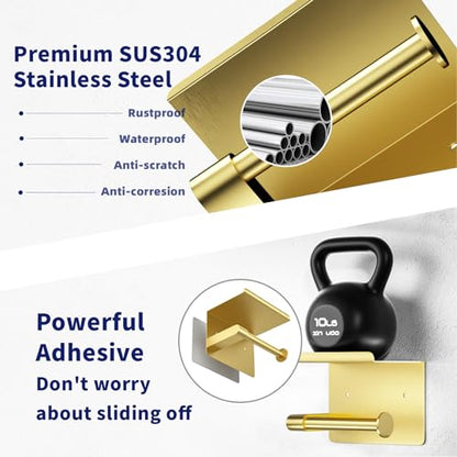 GLNLQ Brushed Gold Toilet Paper Holder Wall Mount, Fits Mega Rolls Size Rustproof Self Adhesive Brushed Brass Toilet Paper Holder Gold with Shelf | Fits Mega Rolls Size, Waterproof and Rustproof Stainless Steel, with Shelf Wall Mount Design, Thickened Thi