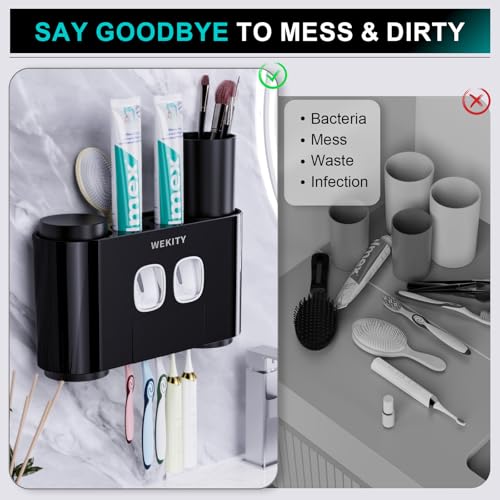 Toothbrush Holder,Multi-Functional Wall Mounted Toothbrush Holder,Toothpaste Dispenser for Bathroom with 2 Toothpaste Squeezers,5 Toothbrush Slots and 4 Cups(Black) - color: Black
