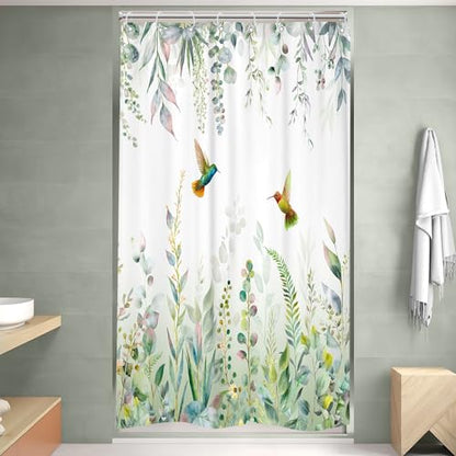 Sage Green Eucalyptus Stall Narrow Hummingbird Bathroom Shower Curtain Set | 48"W x 72"H Plants Botanical; waterproof HD print, quick-dry fabric with 12 free hooks for easy hanging. - color: A-sage Green, size: 48"W x 72"L (Pack of 1)