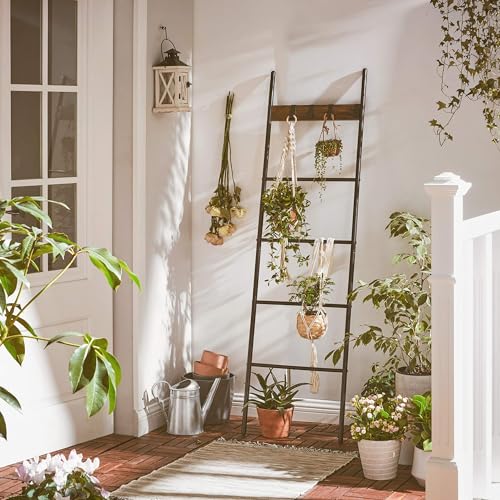 VASAGLE Blanket Ladder, 5-Tier Ladder Shelf, Decorative Ladder with 4 Removable Hooks, Metal Frame, Industrial Style, Rustic Brown and Black ULLS016B01