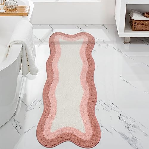 HAOCOO Bathroom Runner Rugs 18x47 inch, Non-Slip Long Rug Cute Bath Mat, Soft Luxury Shower Mat Microfiber Machine Washable Pink Floor Carpet for Sink Tub (washable rug) - color: Pink, size: 18x47 inch (Irregular)