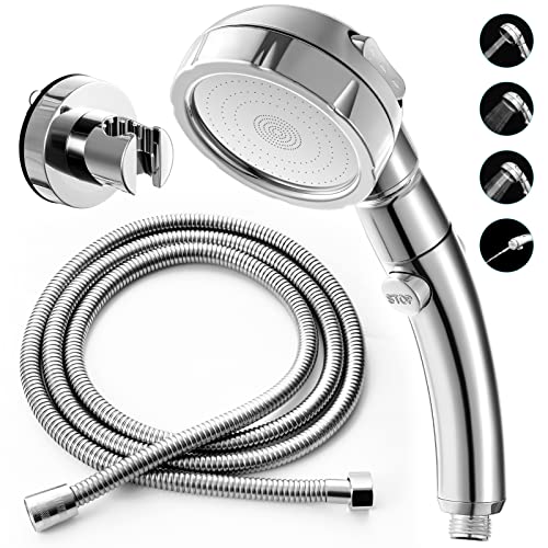 Marbrasse 3-Settings Handheld High Pressure Showerhead with ON/Off Full Shutoff Push Button,Water-saving Camping Shower with Adjustable Angle(Vacuum Suction Shower Head Holder+5 Feet Shower Hose) - color: Shower Head with Bracket