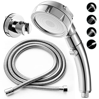 Marbrasse 3-Settings Handheld High Pressure Showerhead with ON/Off Full Shutoff Push Button,Water-saving Camping Shower with Adjustable Angle(Vacuum Suction Shower Head Holder+5 Feet Shower Hose) - color: Shower Head with Bracket