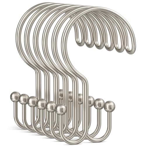 Bathway Nickel Shower Curtain Hooks Ring, 12 Pcs Double Sided Shower Hooks, Rust Proof Metal Shower Hooks for Bathroom, Anti-Drop Shower Rings for Shower Curtain & Liners - color: Nickel, style: Double-layer Shower Hooks