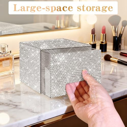 Bling Stackable Cosmetic Organizer with Silver Rhinestones, Glitter Acrylic Drawer, Shiny Plastic Organizer for Dresser, Vanity,Pantry, Home Organization and Storage