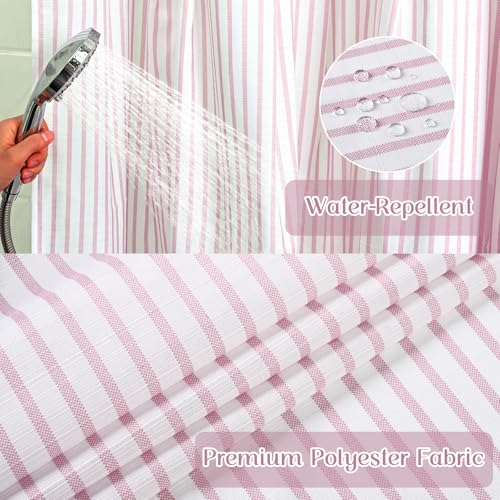 ASPMIZ Farmhouse Striped Shower Curtain and Liner Set No Hook, Pink 71x74 | No Hook Shower Curtain with Snap in Liner Fabric, Rustic Washable Waterproof Bathroom Curtains with Button, Mesh Top Window - color: Pink Striped, size: 71"W x 74"L (Pack of 1), s