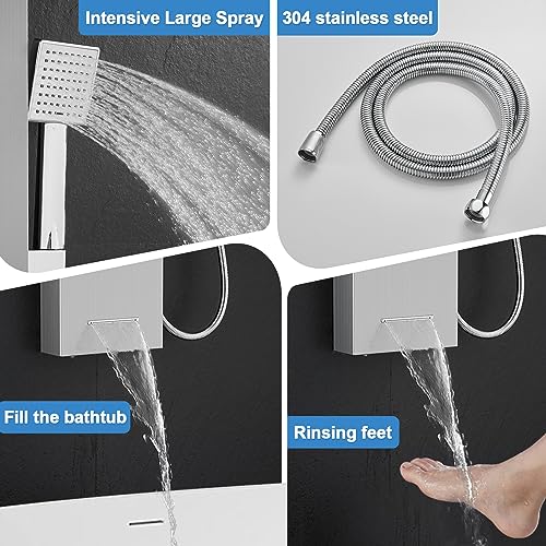 ROVOGO Shower Panel Tower System with Led Lights - Battery Powered, 46.5" | Rainfall Waterfall Shower Head, 2 Body Jets, Handheld and Tub Spout, Stainless Steel Shower Column with Brass Valves, Brushed - color: Brushed-2 jets
