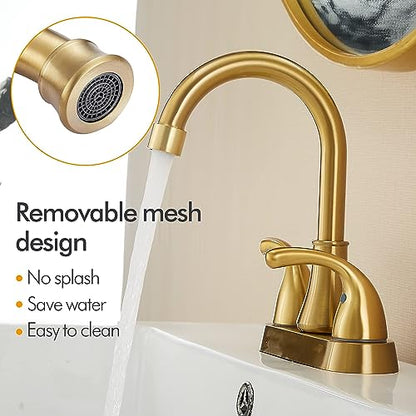 Bathroom Sink Faucet FRANSITON 4 Inch 2 Handle Lead-Free Brushed Glod Bath Sink Faucet with Pop-up Drain Stopper and Supply Hoses - color: Brushed Gold
