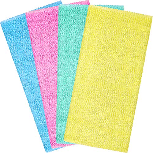 Boao 4 Pieces Exfoliating Washcloth Towel Japanese Washcloth African Sponge Skin Bath Wash Towel Korean Loofah Bath Cloth Shower for Body 35 Inches (Multicolor)