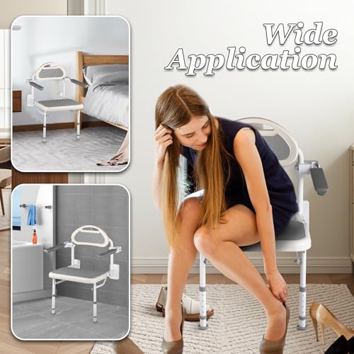 NEWTRY 18” Folding Shower Seat Wall Mounted 330lb Adjustable Height | Fold Down Shower Seat with Armrests & Back for Home Care Seniors Disabled, Padded Seat and Back, for Bathroom Inside Shower
