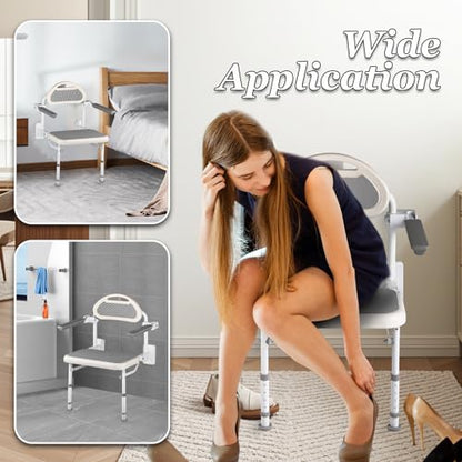NEWTRY 18” Folding Shower Seat Wall Mounted 330lb Adjustable Height | Fold Down Shower Seat with Armrests & Back for Home Care Seniors Disabled, Padded Seat and Back, for Bathroom Inside Shower