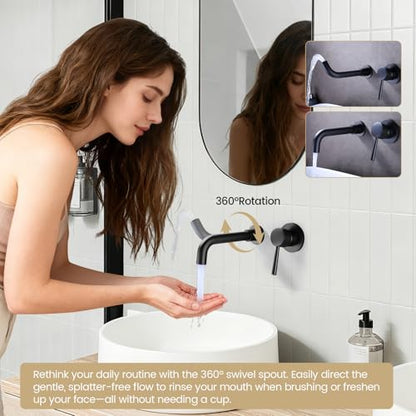 Bathroom Sink Faucet Matte Black Wall Mounted Bathroom Faucet, Single Handle Lavatory Sink Basin Swivel Mixer Tap with Valve - color: Matte Black