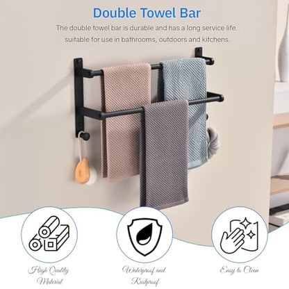 18-Inch Double Towel Rack with Hooks - Space Saving Towel Hanger, Matte Black Stainless Steel Towel bar for Bathroom Wall - color: Matte Black, size: 18-Inch