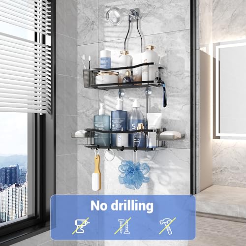 Hanging Shower Caddy Over Shower Head - No Drill Rustproof Shower Rack | Includes Soap Holder and Hooks for Shampoo, Conditioner, and Bathroom Essentials with Stable Storage in Any Shower Space - color: Black