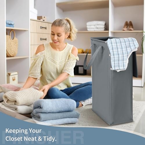 GOMAJI Slim Laundry Basket with Lid and Handles, Foldable Laundry Basket for Clothes, Clothes Hamper Easy to Carry, Dirty Hampers for Bedroom, Bathroom, Dorm, College, 12.7 Gallons(48L) - color: DARK GREY