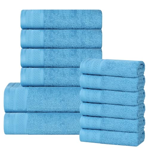 BLUENILEMILLS Honeycomb 500 GSM 12-Piece Wafle Border, Highly Absorbent and Soft, Solid Towel Set (6 Face + 4 Hand + 2 Bath), Azure - color: Azure, size: Medium
