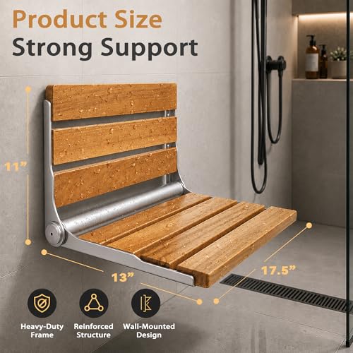Folding Shower Seat Teak, Bath Safety Furniture Stainless Steel, Shower Seats for Elderly, Fold Down Shower Seat, Oak and Stainless Steel - color: Teak and Silver Stainless Steel