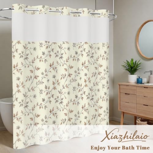 Beige Botanical Shower Curtain with Snap in Liner, 71x74 Inch | No Hooks Needed, Mesh Top & Double Layer Waterproof Bath Curtain, Neutral Plant Vine & Leaf Design for Farmhouse Bathroom - color: Foliage