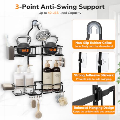 Heavy-Duty Shower Caddy Hanging for Handheld Showerhead, 2-Tier Adjustable Height Bathroom Organizer with 10 Hooks & Soap Holder, Rustproof Carbon Steel Anti-Swing Shower Shelves, Black