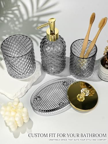 Haturi Glass Bathroom Accessories Set, Smoky Gray Bathroom Set, 4 Pcs | Kit w/ Bathroom Soap Dispenser Set, Toothbrush Holder, Qtip Holder, Vanity Tray, Gray Bathroom Decor, Gift for Home Apartment - style: Smoky Gray
