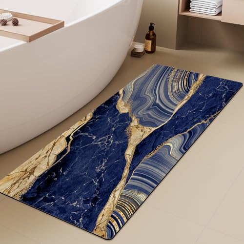 Extra Long Bath Rug, Blue Marble and Golden Veins Decor Non Slip Bath Runner Rug with Rubber Backing, Thin Absorbent Quick Dry Bath Mats for Bathtub Bathroom Kitchen, 15.7x47.2 inch - color: Blue Marble and Golden