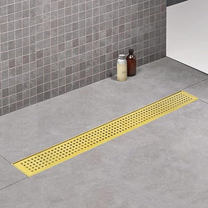 18 inch Linear Shower Drain Brushed Gold with Grate Removable | Square Hole Panel,AISI 304 Stainless Steel Fast Drainage Rectangle Hidden Shower Trench,Detachable Hair Catcher,Leveling Feet - color: Gold, size: 18 inch+No Base