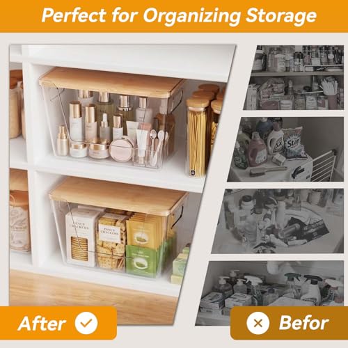 4 Pack Pantry Organizers and Storage with Bamboo Lids | Stackable Clear Plastic with Lid/Handle Trash Bag Holder for Vegetable,Fruit,Under Kitchen Sink Countertop Organizer - size: 4 Pack