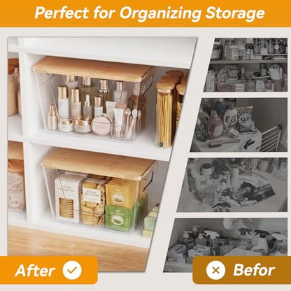 4 Pack Pantry Organizers and Storage with Bamboo Lids | Stackable Clear Plastic with Lid/Handle Trash Bag Holder for Vegetable,Fruit,Under Kitchen Sink Countertop Organizer - size: 4 Pack