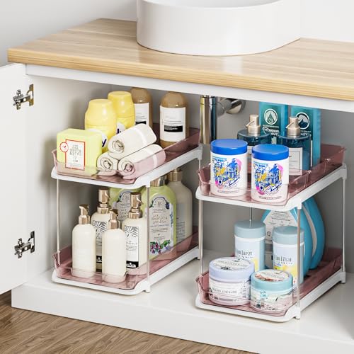 Delamu 2-Tier Multi-Purpose Bathroom Under Sink Organizers and Storage, Stackable Kitchen Pantry Organization, Pull Out Medicine Cabinet Organizer with Movable Dividers, Light Pink, 2 Pack - color: Light Pink, size: 2 Pack