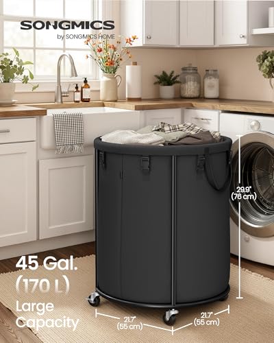 SONGMICS Laundry Basket with Wheels, Rolling Laundry Hamper with Steel Frame, Removable Liner Bag, 45 Gallon (170 L), Ink Black URLS030BH01 - color: Ink Black, size: 170L-Rolling Round