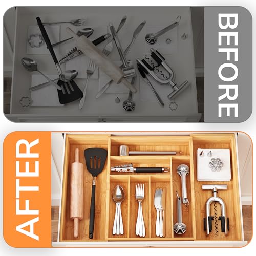 BAMEOS 3" Deepth Expandable Drawer Organizer, Deep Flatware Organizer, Adjustable Silverware Organizer, Bamboo Drawer Organizer for Kitchen, Bathroom (Natural) - size: 3''H 22X16