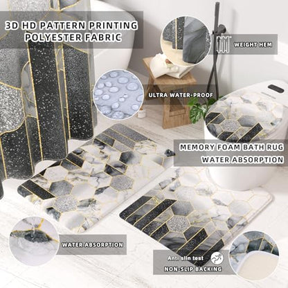 XLHOMO Bathroom Set - 26PC Bathroom Set with Shower Curtain and Rugs, Bathroom Accessory Set, Grey Bathroom Accessories Set, Trash Can & Soap Dispenser - style: Grey&Gold