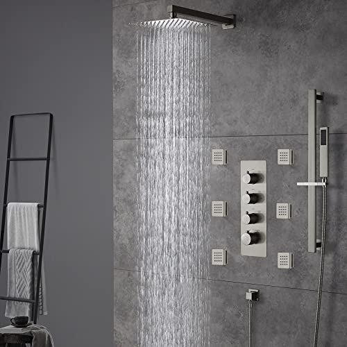 Cascada Luxury 12” Rainfall Shower set (Wall Mounted) with 4 knob thermostatic Valves & 3 functions (Rainfall, Body jets & Hand Shower) (Brushed Nickel) - color: Brushed Nickel